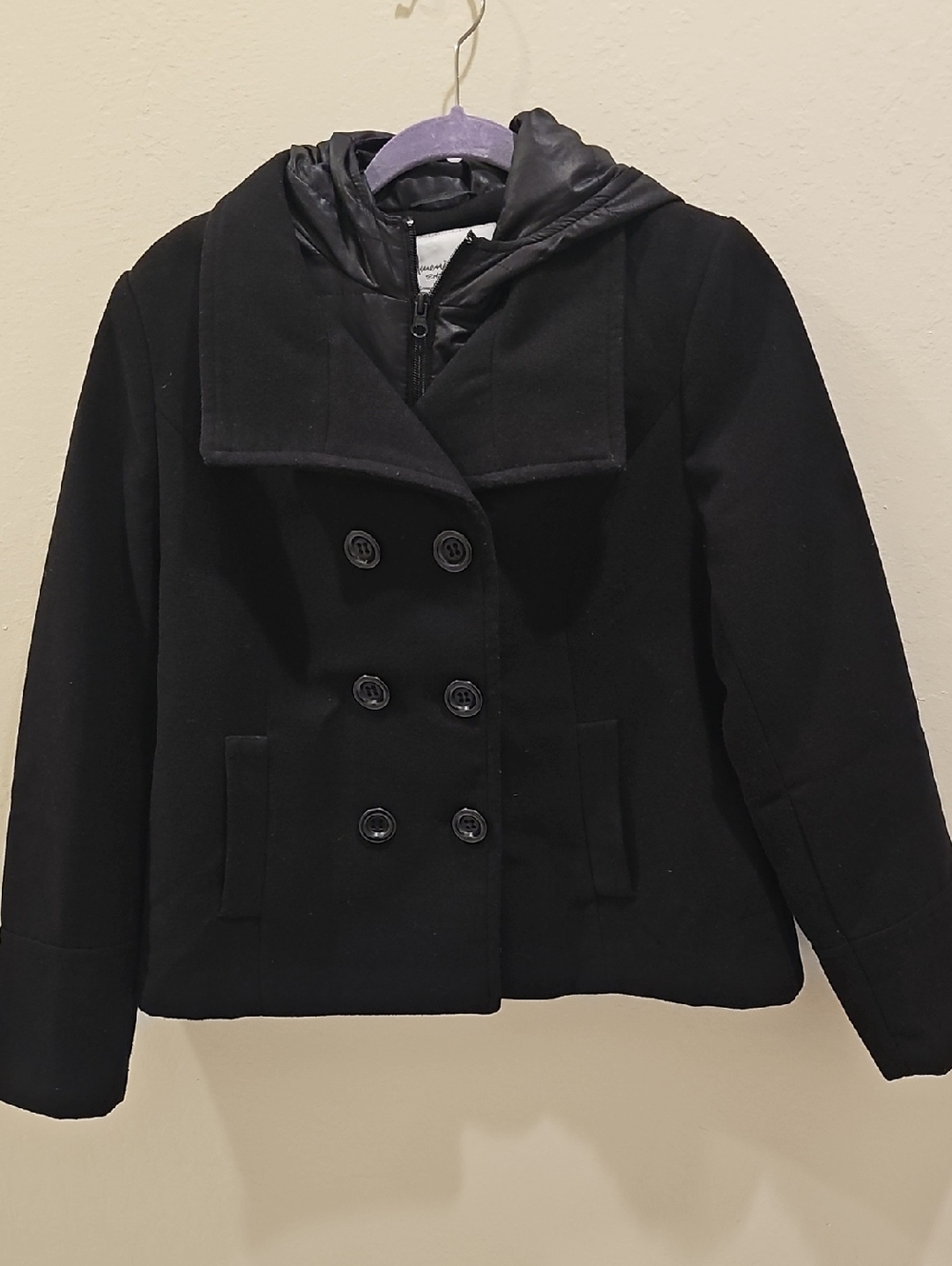 Black Double-Breasted Peacoat with Hood - Picture 2 of 6